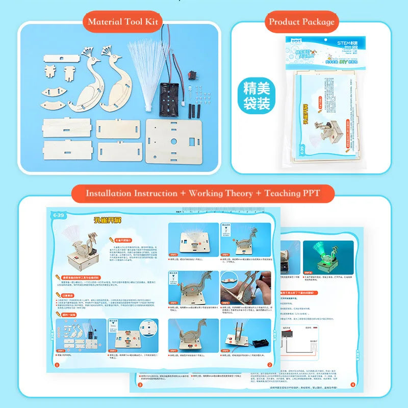Kit științific DIY Lumină coadă de păun Jucărie puzzle din lemn STEM