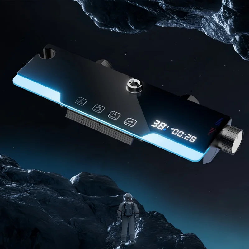 Ympäristönvalon suihkujärjestelmä digitaalisella lämpötilanäytöllä, kromipinnoitettu messinki, moderni neliömäinen sade-suihku pää