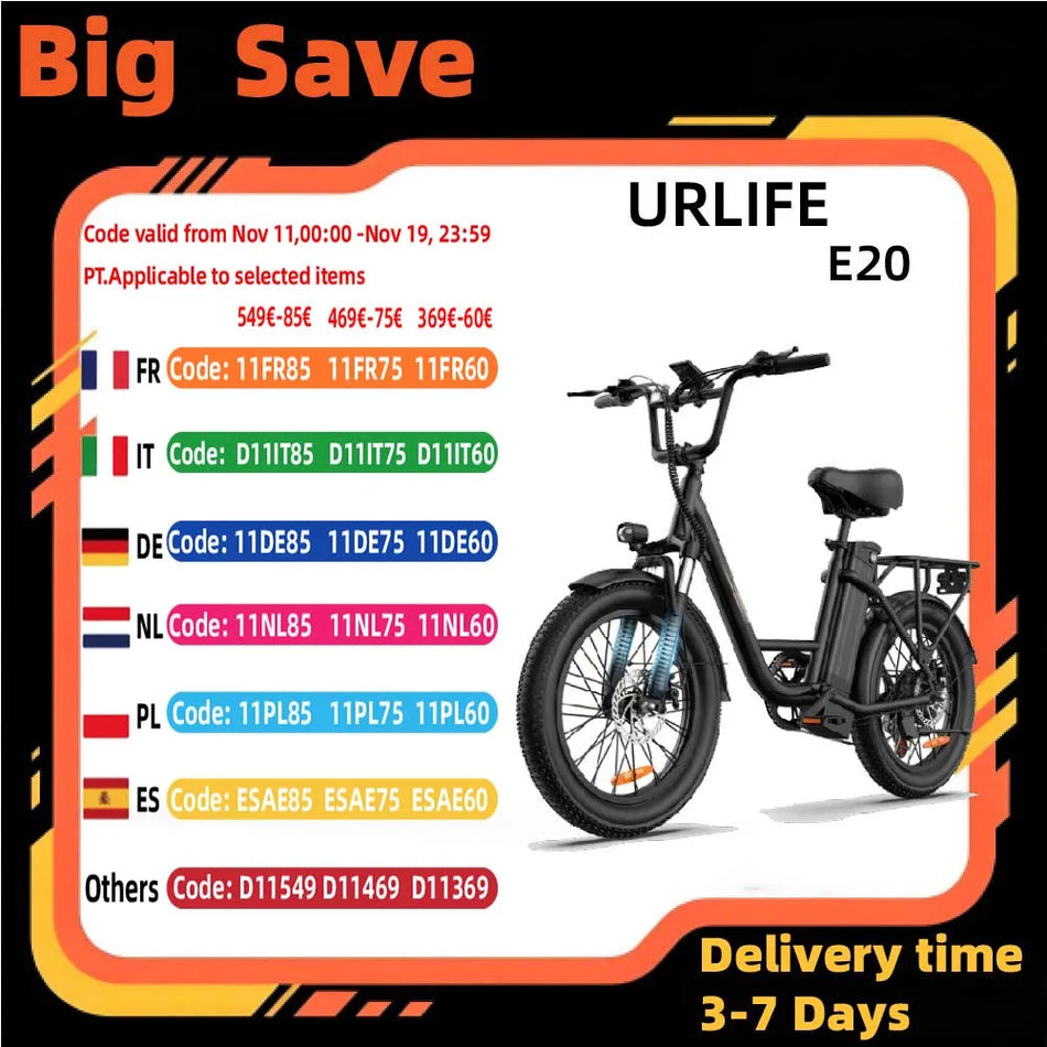 URLIFE E20 Ηλεκτρικό Ποδήλατο, 250W Χωρίς Βούρτσες Κινητήρας, Αλουμινένιο Σκελετό