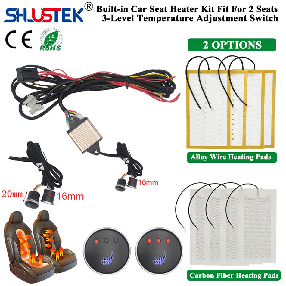 Комплект за отопление на автомобилни седалки за 2 седалки, универсални 12V отоплителни подложки, контрол на 3 нива