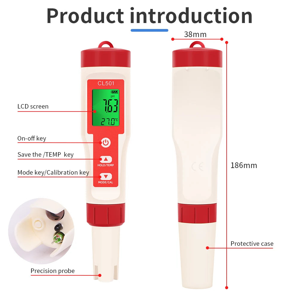PH/CL2/H2/ORP/Temperature Meter Chlorine Detector &ndash; Backlit