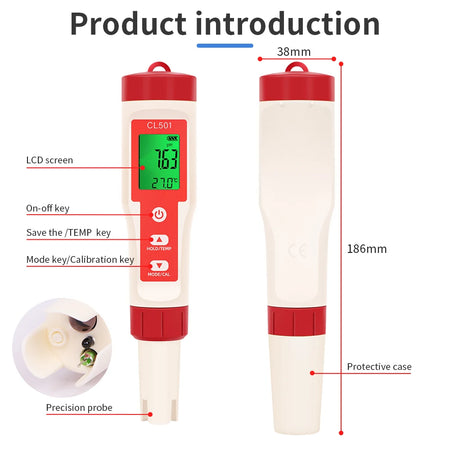 PH/CL2/H2/ORP/Temperature Meter Chlorine Detector &ndash; Backlit
