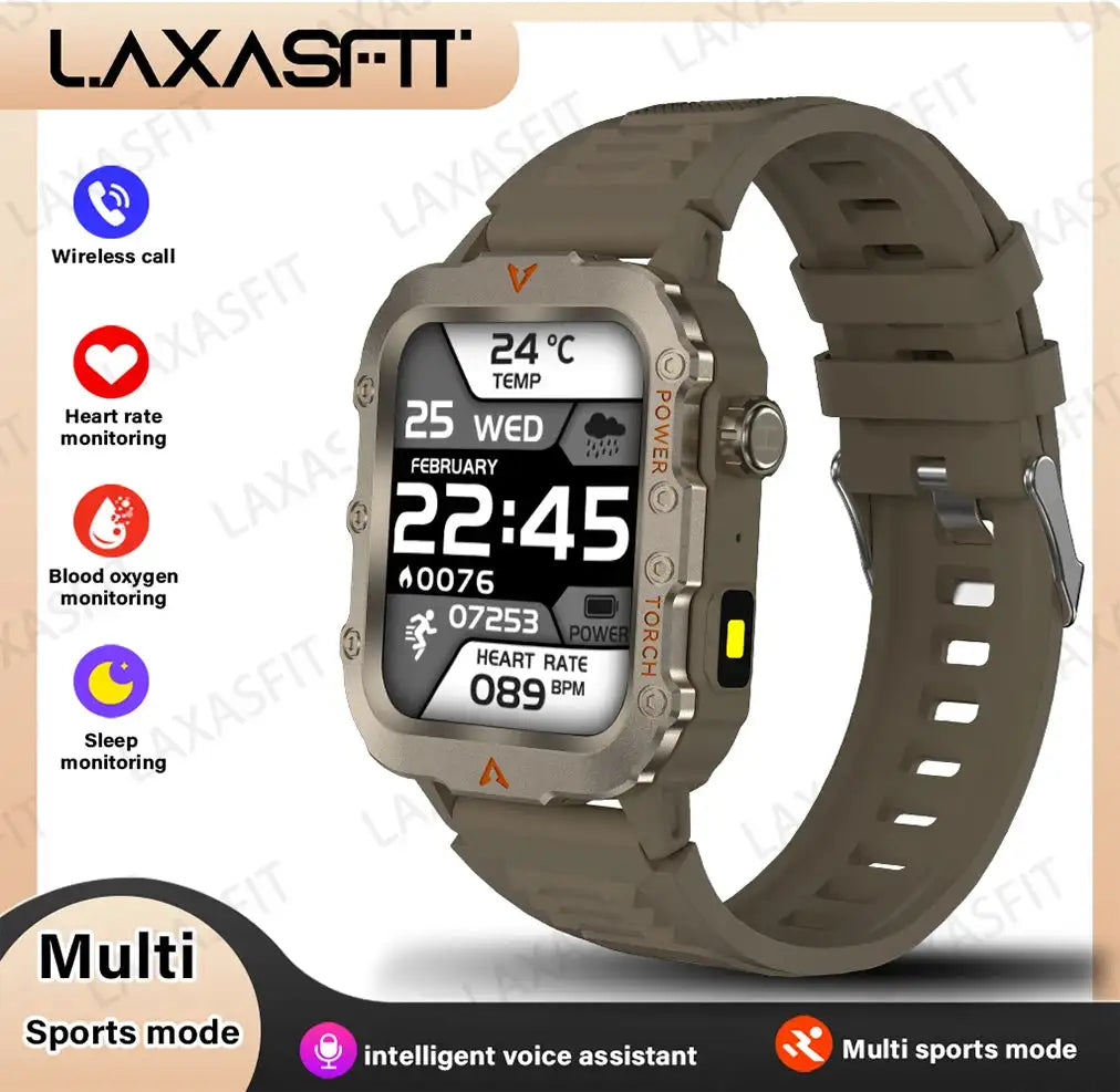 LAXASFIT Men's Smart Watch LED Flashlight Outdoor Health Brown