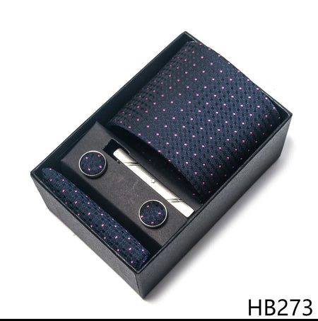 Elegant Plaid Silk Tie Handkerchief Cufflink Set for Men HB273