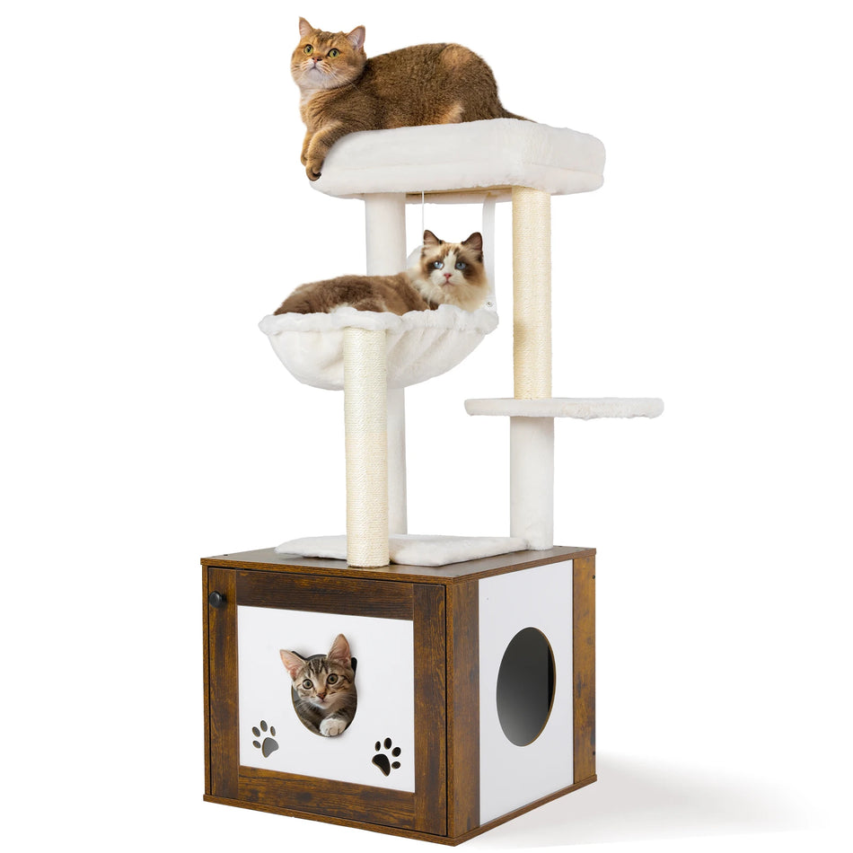 Árbol para gatos de madera con gabinete oculto para caja de arena 117cm