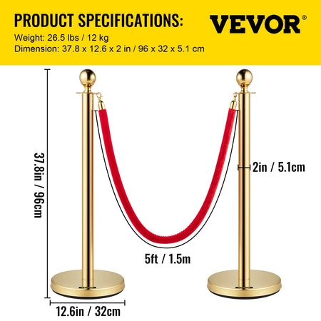 SucceBuy Velvet Ropes Gold Stanchion - Ball Top Design