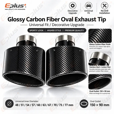 Glossy Oval Carbon Fiber Universal Car Exhaust Muffler Tip Exhaust Pipe Nozzle Decoration Stainless Silver&Black Left and Right by InterCyprus Trading Ltd