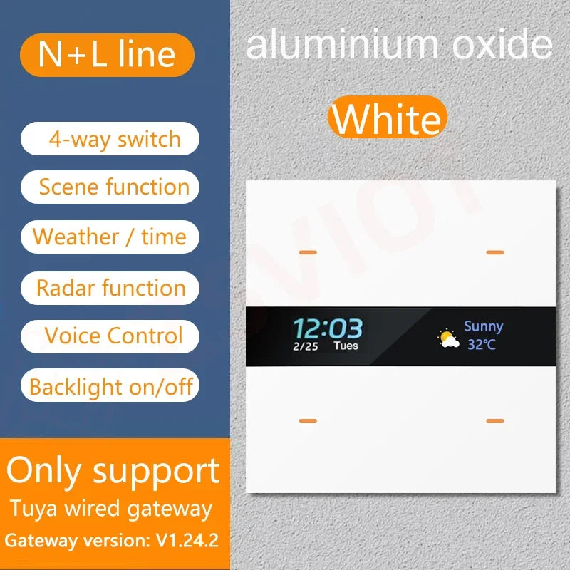 Tuya Zigbee 4 Gang Weather Display Switch &ndash; Time Display Aluminium White