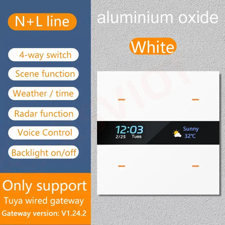 Tuya Zigbee 4 Gang Weather Display Switch &ndash; Time Display Aluminium White
