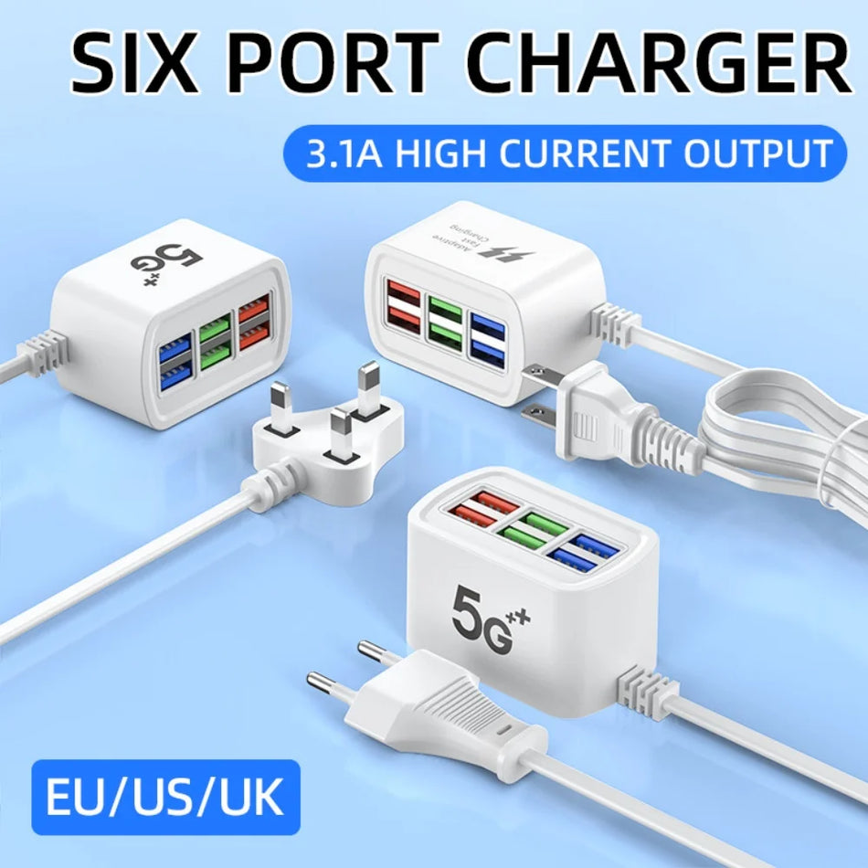 Regua de Energia com Carregador USB de 6 Portas com Adaptador de Parede e Cabo de Extensão de 1m