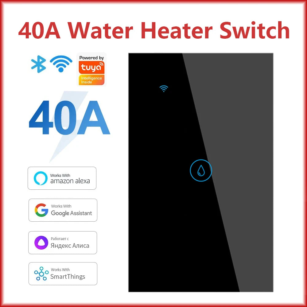 Chevolink 40A Smart WiFi Touch Wall Switch for Water Heater &amp; High-Power Devices 121DWN-BLACK-40A