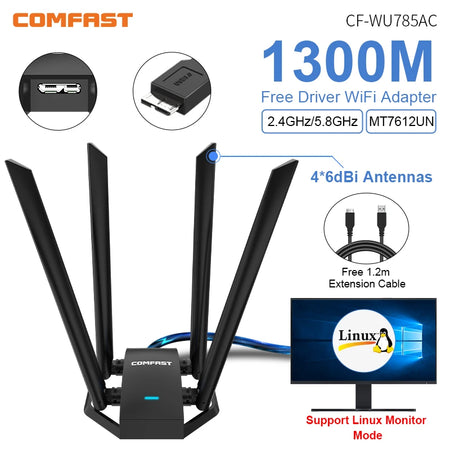 COMFAST 1200M USB 3.0 WiFi Adapter MT7612U &ndash; Dual Band 4 Antenna