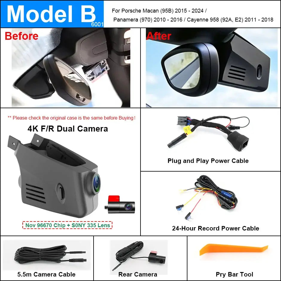 Plug and Play Hidden 4K Dash Cam Car DVR Front/Rear Camera For Porsche Panamera Cayenne Macan Taycan 911 718 2010-2025 by InterCyprus Trading Ltd