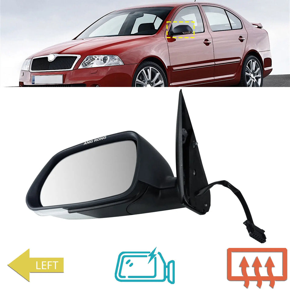 Spegelmontering för Skoda Octavia Mk2 II vänster sida med uppvärmd glasindikator och elektrisk justering