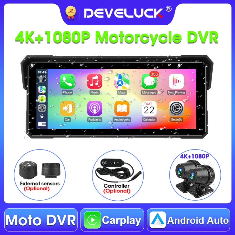 Develuck 8.1 ίντσες 4K Plus 1080P Μηχανή DVR με GPS Πλοήγηση Αδιάβροχο Ασύρματο CarPlay Android Auto και TPMS