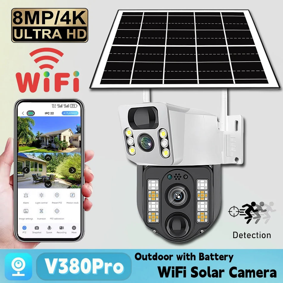 V380 Pro Security Solar Camera 4G Dual Lens Outdoor 8MP Low Power Battery IP Security Protection Camera PIR Night Vision CCTV
