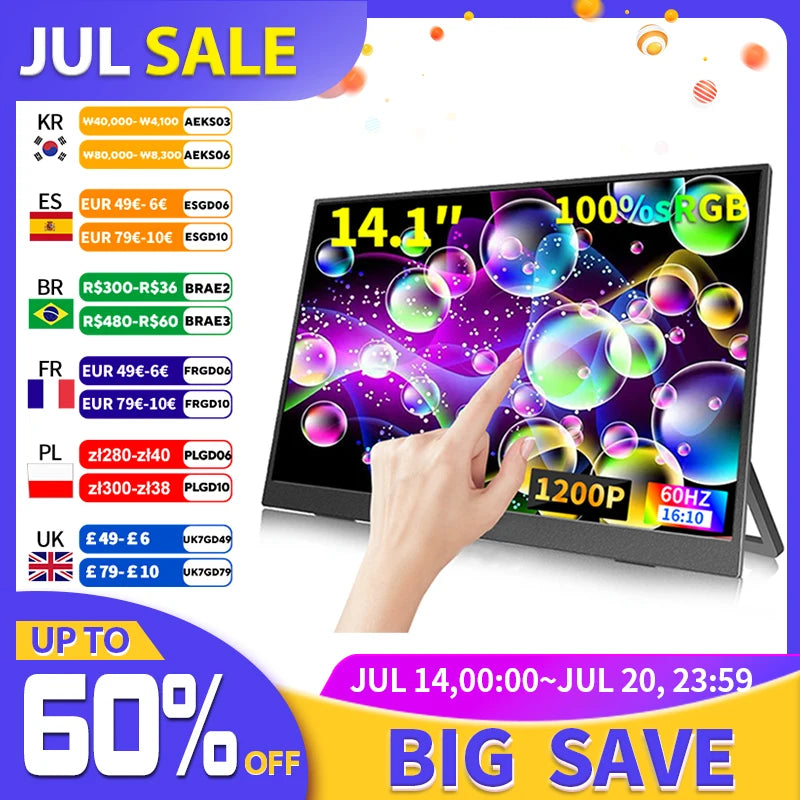 14.1 Inch Touch Screen Portable Gaming Monitor 100% sRGB, 400cd/m&sup2;, HDR10