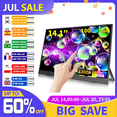 14.1 Inch Touch Screen Portable Gaming Monitor 100% sRGB, 400cd/m&sup2;, HDR10