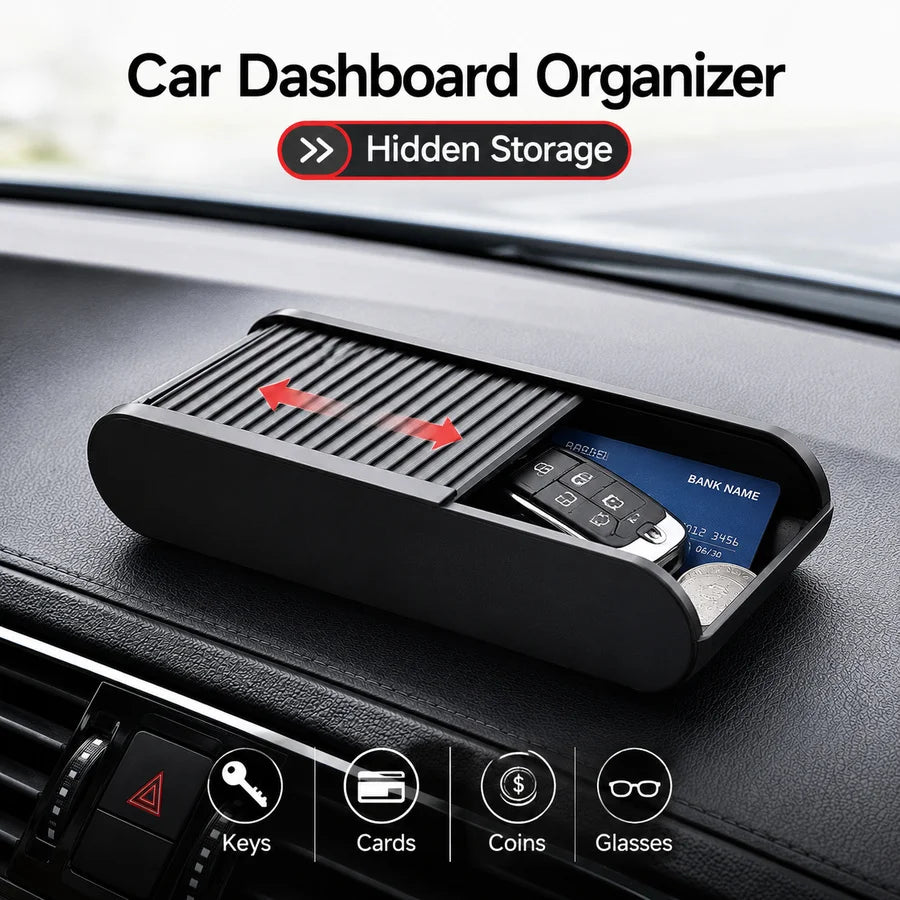 Car Dashboard Storage Box With Sliding Lid, Glasses And Keys Organizer