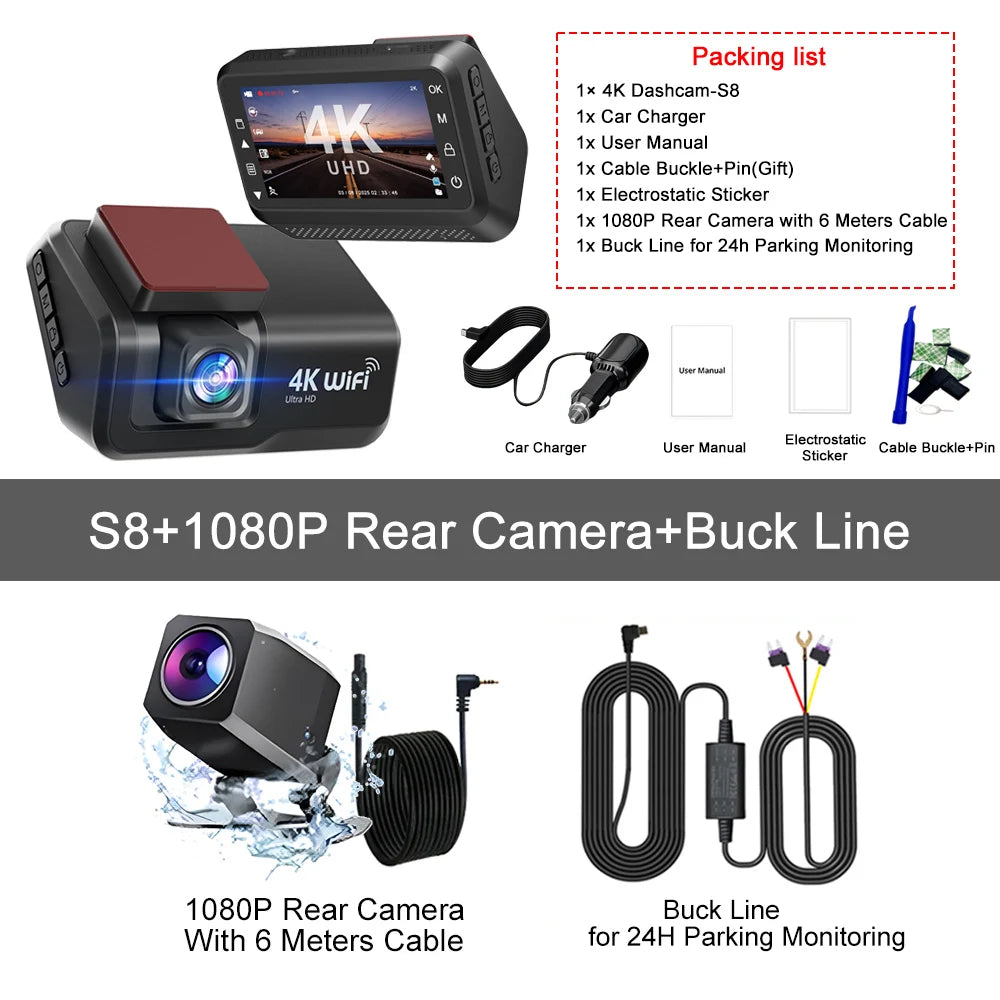 Kocam 4K UHD Dash Cam &ndash; Dual Lens Front and Rear with Night Vision S8-6M RCC-BL / 128G