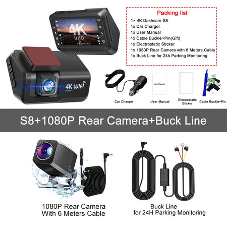Kocam 4K UHD Dash Cam &ndash; Dual Lens Front and Rear with Night Vision S8-6M RCC-BL / 128G