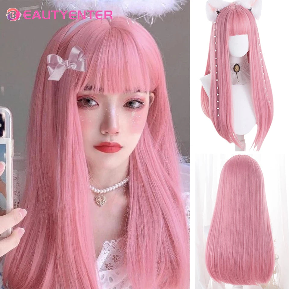 BeautyEnter Pink Long Straight Wig with Bangs for Cosplay and Daily Use