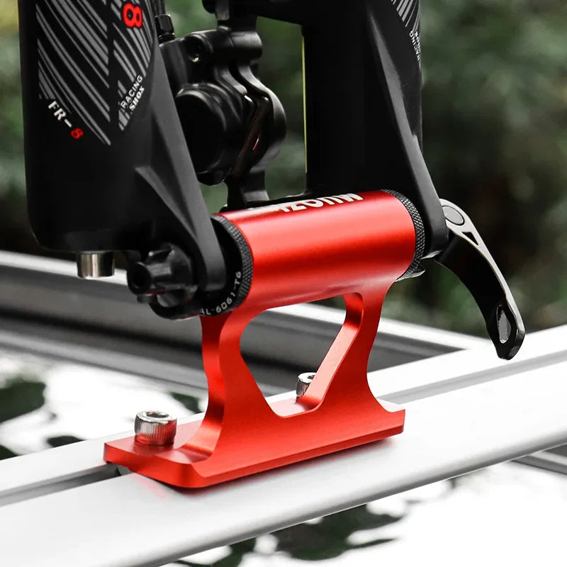 MUQZI Thru Axle Fork Mount Bike Rack for Car Roof, Alloy Quick Release Carrier