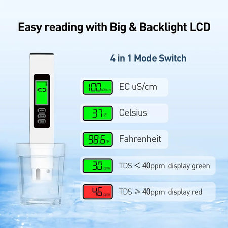 3 in 1 TDS Meter Digital Water Quality Tester - EC/Temperature 0-9990 ppm, Portable with Leather Case for Drinking