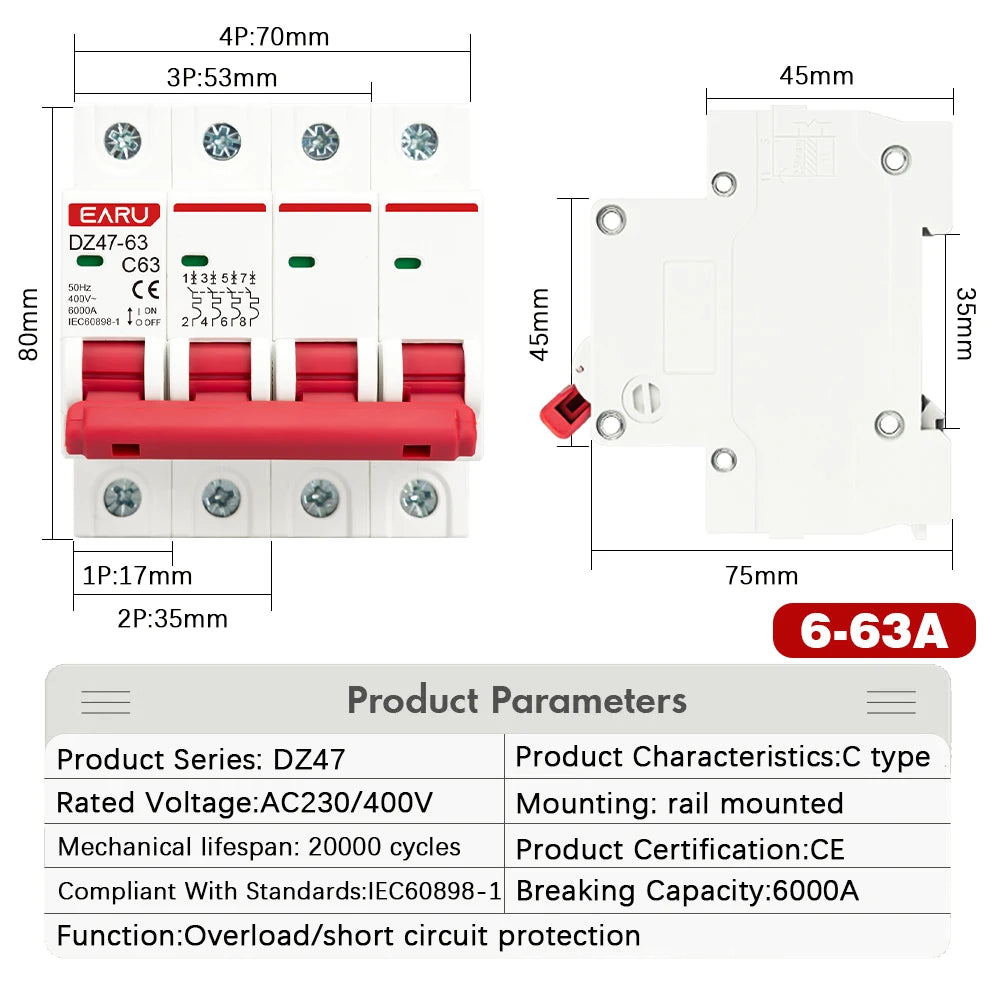 EARUELETRIC DZ47 400V Mini Circuit Breaker - 1-4P, 3-125A, C Type, 6KA Capacity