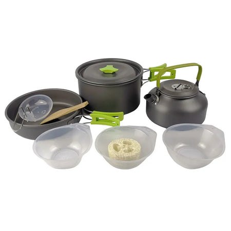 Camping Cookware Kit Outdoor Aluminum Cooking Set Water Kettle Pan Pot Hiking Picnic Tableware Equipment 0.8 Liter Kettle GREEN 9PCS / CN (Origin)