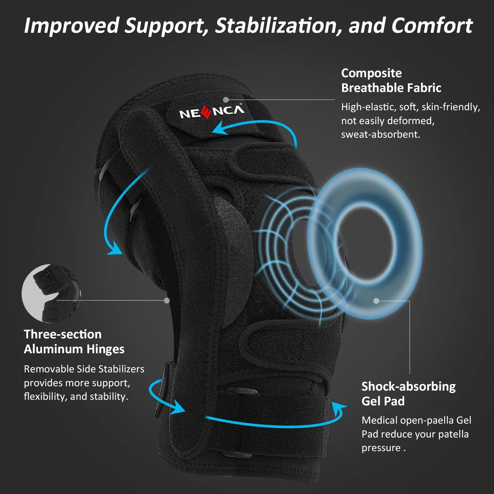 Hinged Knee Brace with Side Stabilizers Three-section for Men and Women Relieves Arthritis ACL MCL PCL, Meniscus Tear