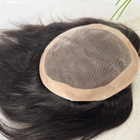 PWIGS Mono Base PU Men's Toupee - 100% Indian Remy Hair, Natural Black 8x6 Inch