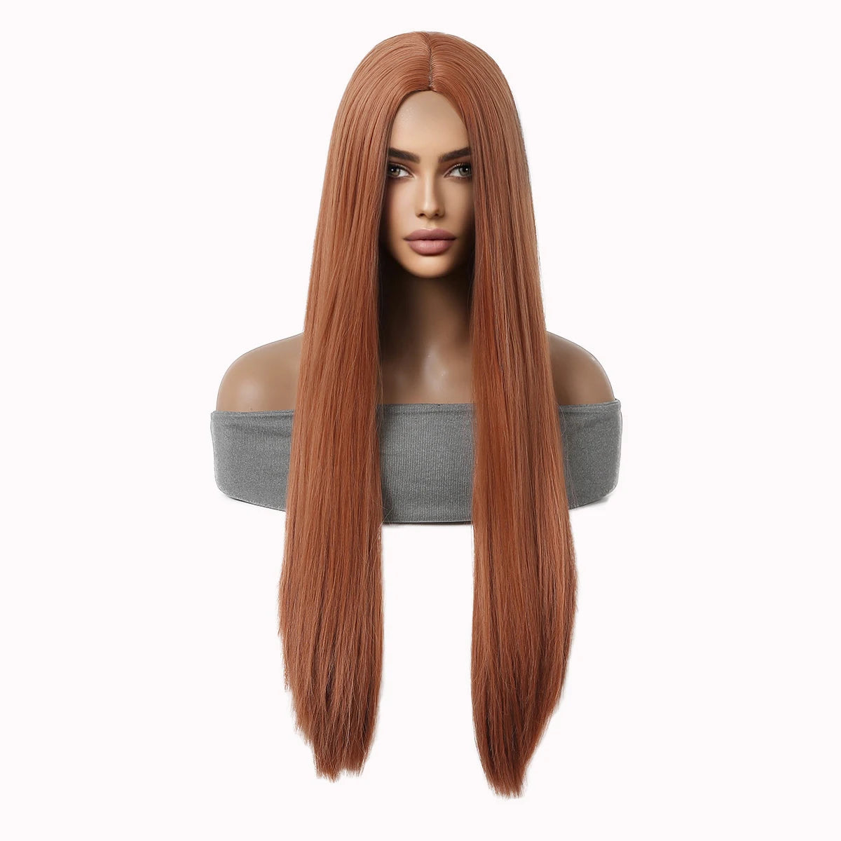 LOUIS FERRE Long Straight Red Brown Copper Synthetic Wig for Daily Use