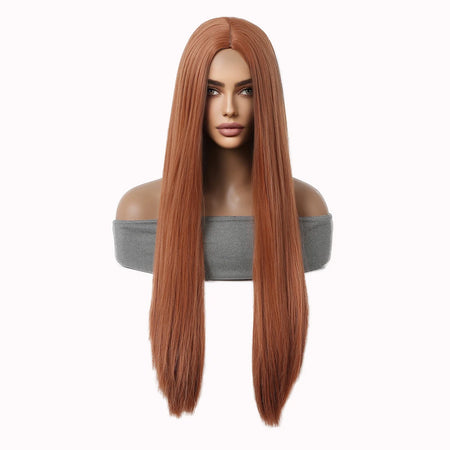 LOUIS FERRE Long Straight Red Brown Copper Synthetic Wig for Daily Use
