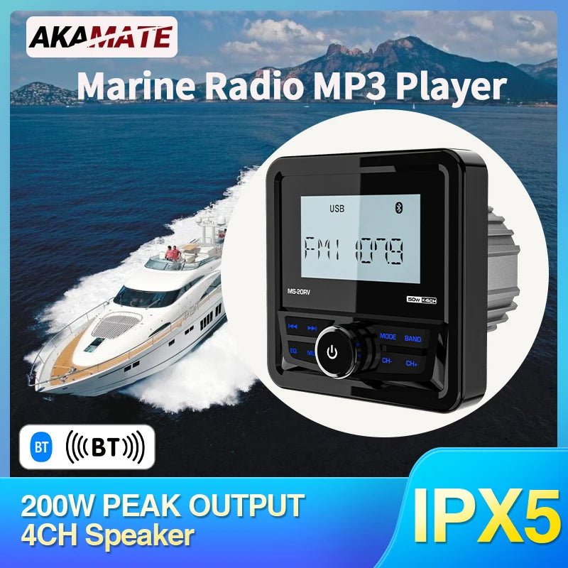 Boat Radio Square Marine Stereo - Waterproof Bluetooth
