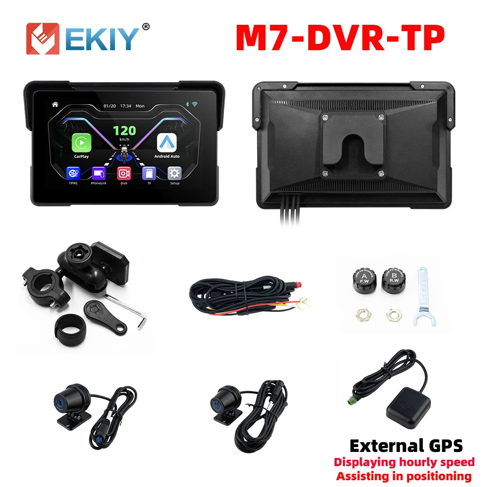 EKIY Wireless CarPlay Moto Android Auto 7.0 Inch &ndash; Portable Waterproof GPS Navigation Display M7-DVR-TP / None