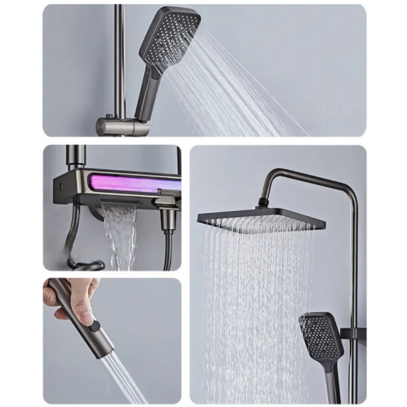 Lyxigt Badrum Duschsystem Duschkran Full Set med Ljus Piano Nyckel Smart Temperatur Digital Display Varm Kall Blandare