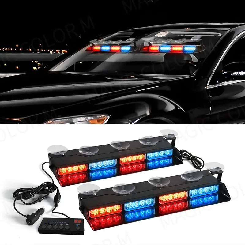 2-in-1 32 LED Car Strobe Lights For Emergency Flash Warning Lamp Windshield Bar Red Blue Amber White Waterproof Auto Assembly by InterCyprus Trading Ltd