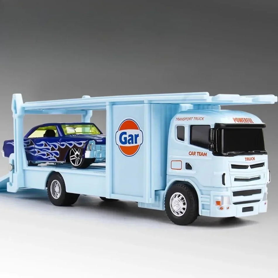 Camión de remolque de contenedor de aleación a escala 1:64, coche de juguete de metal fundido, con articulación móvil y retroceso.