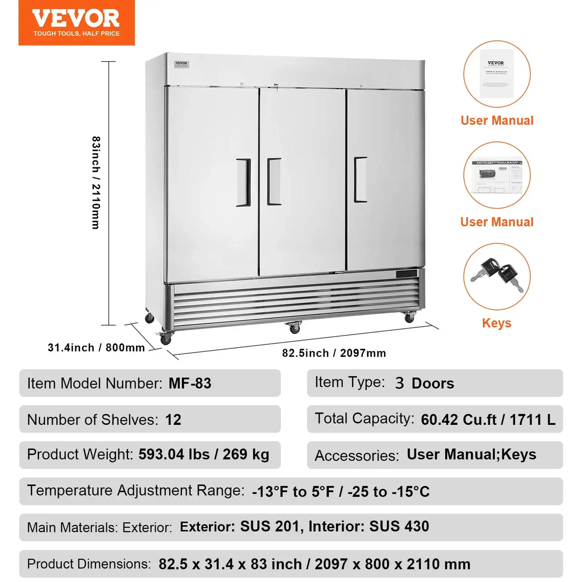 VEVOR Commercial Freezer Reach In Single Door Auto Defrost Three-door / france