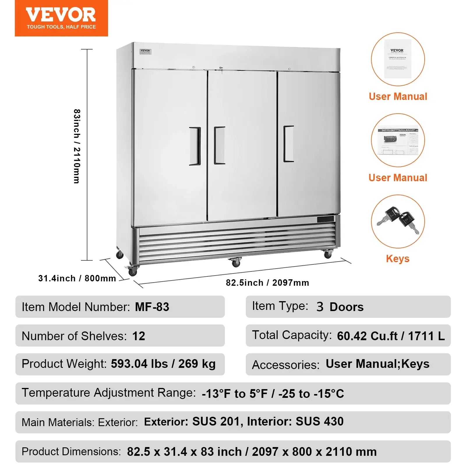 VEVOR Commercial Freezer Reach In Single Door Auto Defrost Three-door / france