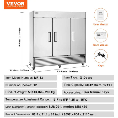 VEVOR Commercial Freezer Reach In Single Door Auto Defrost Three-door / france