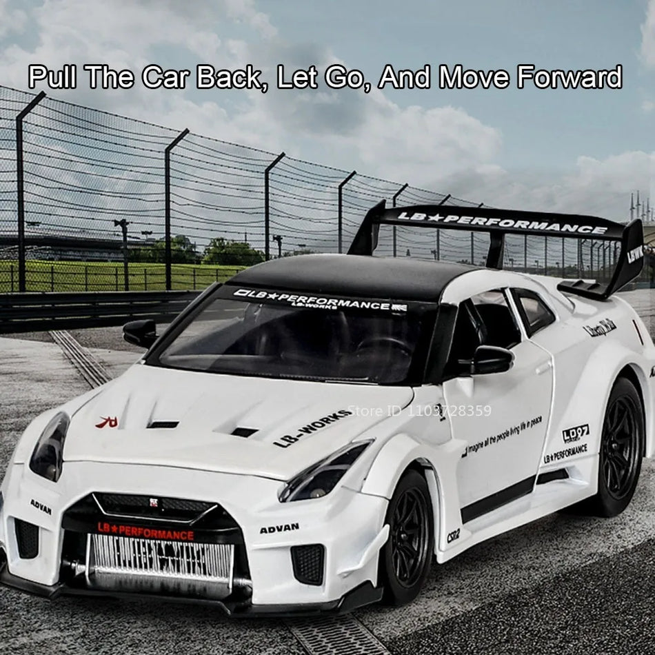 Model de mașină sport Diecast GTR-CSR2 R34 cu sunet, lumină și mecanism de întoarcere 1:24