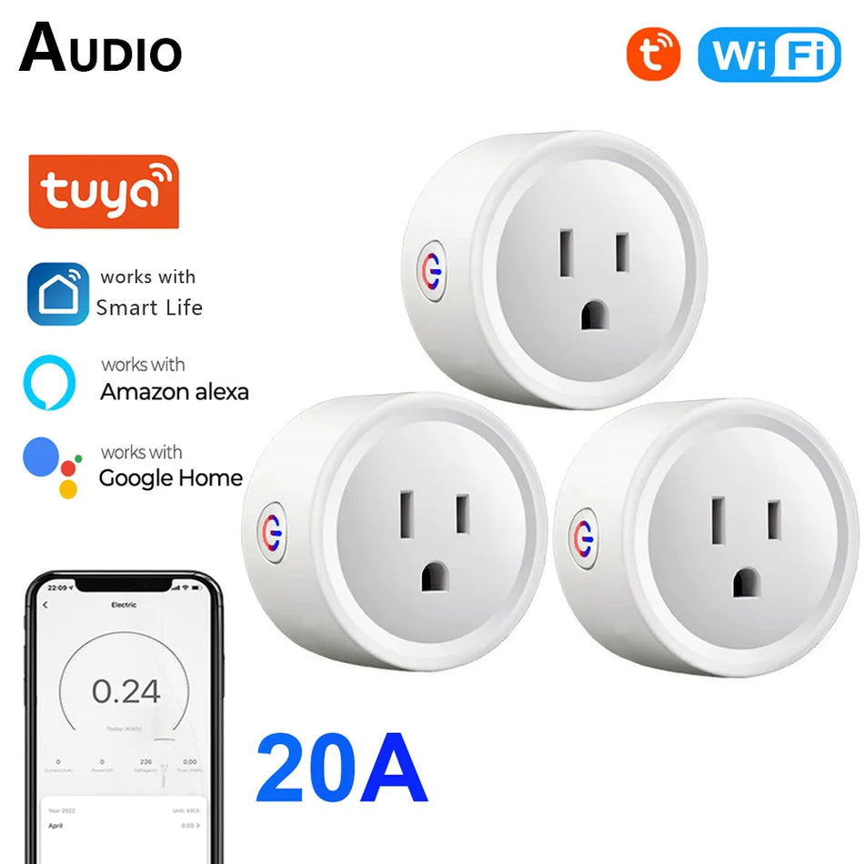 20A Tuya WiFi Smart Plug Socket US Wireless Outlet with Power Monitor Timer Smart Life APP Control Works with Google Home Alexa