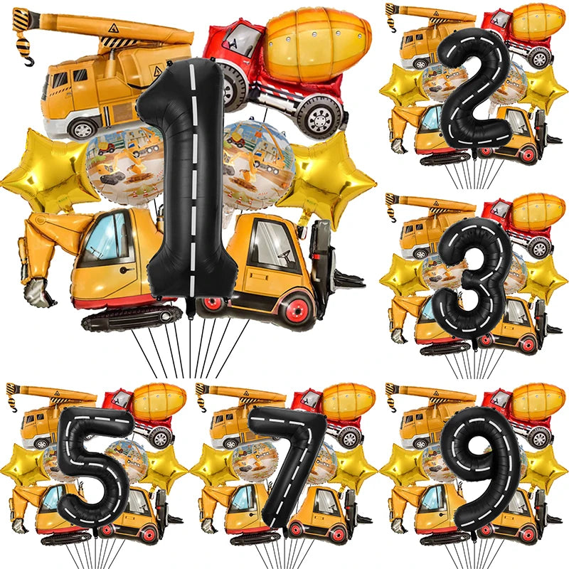 9Pcs/1Set Construction Vehicle Aluminum Film Balloon Excavator Crane 1-9 Digital Balloons Boys Birthday Party Decor Balloons