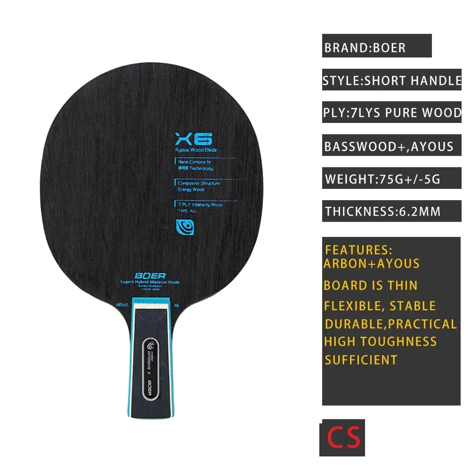 X6 ITTF-Approved Table Tennis Paddle Short and Long Handle, Wood Carbon Blade