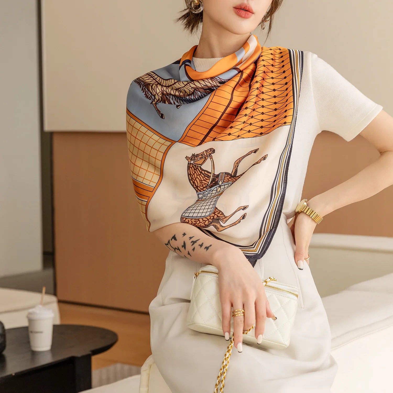Luxury Horse Print Square Scarf &ndash; Vintage Imitation Silk Elegance