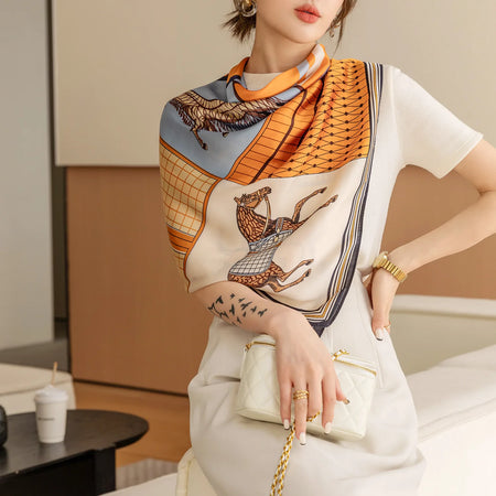 Luxury Horse Print Square Scarf &ndash; Vintage Imitation Silk Elegance