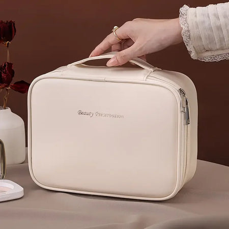 Large Capacity Waterproof Travel Cosmetic Bag with Divider Milk apricot white