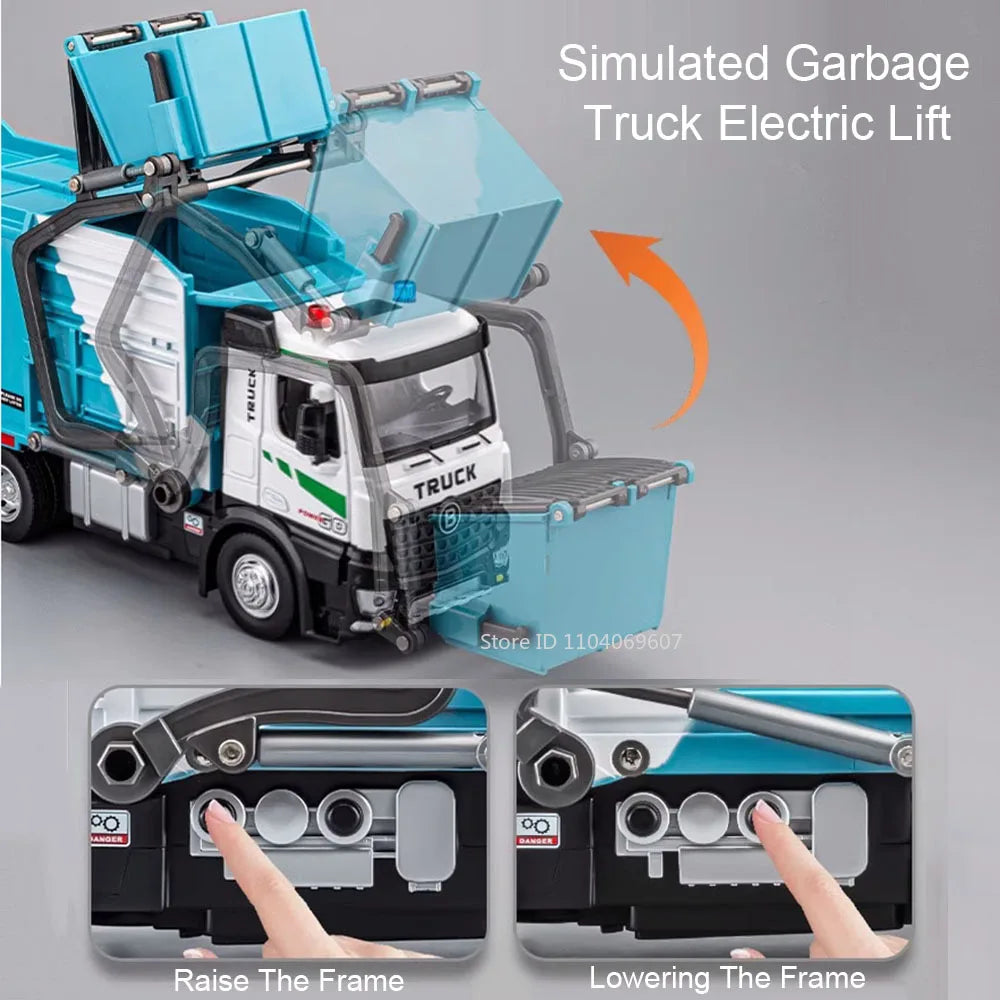 1:18 Model Toy Electric Sanitation Garbage Trucks Metal Diecast Alloy Crane Sound Light Doors Opened Engineering Vehicle Gifts